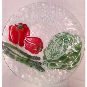 Fused Art Glass Textured Plate Vegetable Design Pepper Cabbage Asparagus 10"